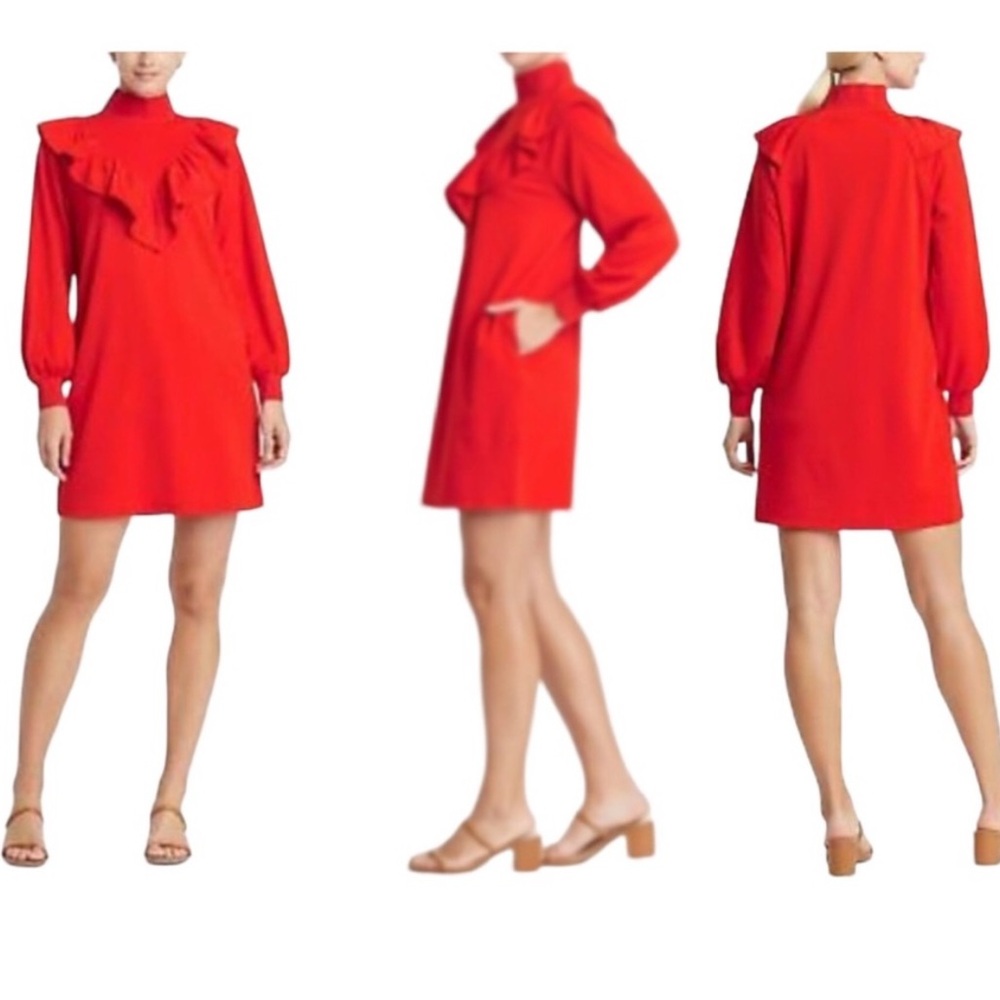 Who What Wear Red Long Sleeve Ruffle High Neck Sheath Dress Small